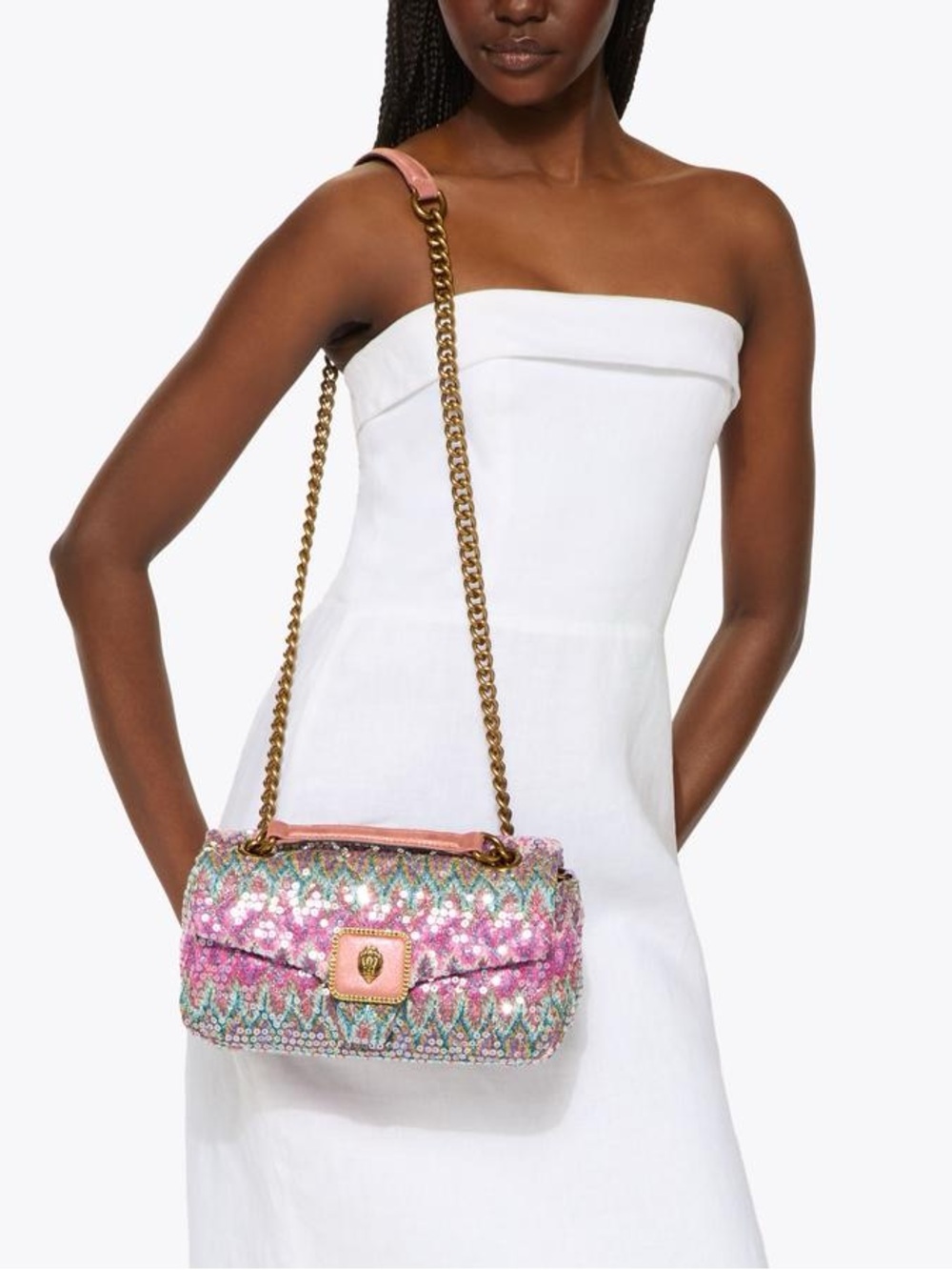 ๐ซงKurt Geiger Pimlico Bag Antique Brass Purple/Blue Chevron- Clear Sequins NWT - Picture 7 of 8